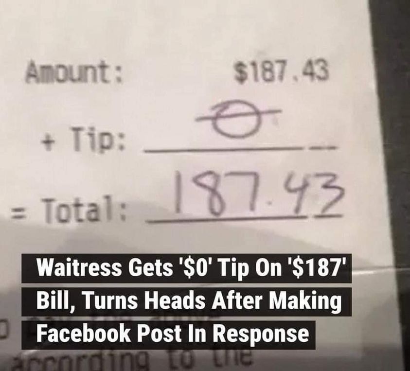 Waitress Shares Shocking Experience of Receiving $0 Tip on $187 Bill